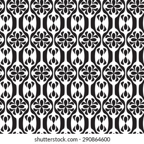 Black and white seamless geometric pattern with decorative flowers