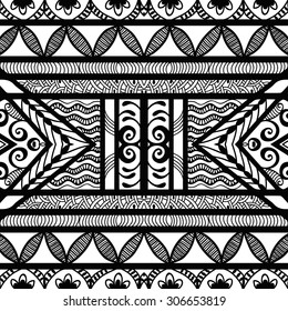 Black and white seamless geometric pattern, tribal ethnic ornament, Arabic Indian motif, vector abstract background. 