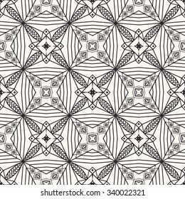 Black and white seamless geometric pattern, tribal ethnic arabic indian ornament. Hand drawn abstract background with sketchy repeating texture. 