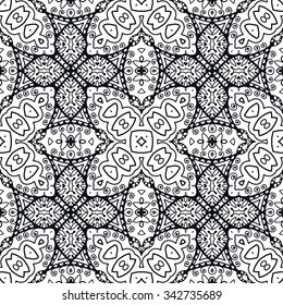 Black and white seamless geometric pattern, tribal ethnic arabic indian ornament. Hand drawn abstract background with sketchy repeating texture. 