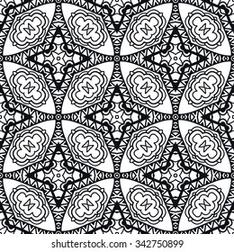 Black and white seamless geometric pattern, tribal ethnic arabic indian ornament. Hand drawn abstract background with sketchy repeating texture. 