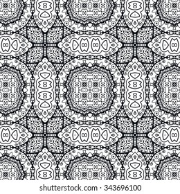 Black and white seamless geometric pattern, tribal ethnic arabic indian ornament. Hand drawn abstract background with sketchy repeating texture. 
