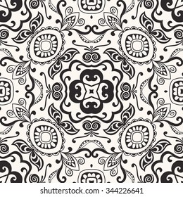 Black and white seamless geometric pattern, tribal ethnic arabic indian ornament. Hand drawn abstract background with sketchy repeating texture. 