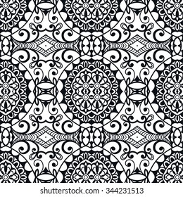 Black and white seamless geometric pattern, tribal ethnic arabic indian ornament. Hand drawn abstract background with sketchy repeating texture. 