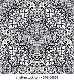 Black and white seamless geometric pattern, tribal ethnic arabic indian ornament. Hand drawn abstract background with lace repeating texture. 