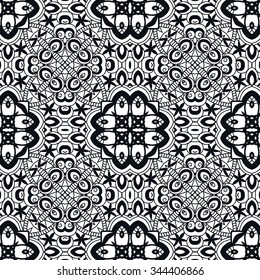 Black and white seamless geometric pattern, tribal ethnic arabic indian ornament. Hand drawn abstract background with lace repeating texture. 