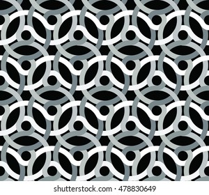 Black and white seamless geometric pattern of intertwined wavy lines forming circles. Vector 10 EPS illustration.  