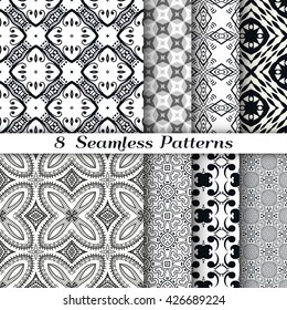 Black and white seamless geometric patterns set. Contemporary graphic design, line art. Endless texture for wallpaper, pattern fills, web pages. Monochrome doodle sketch seamless backgrounds