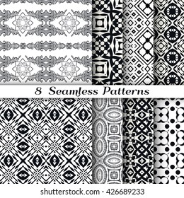 Black and white seamless geometric patterns set. Contemporary graphic design, line art. Endless texture for wallpaper, pattern fills, web pages. Monochrome doodle sketch seamless backgrounds
