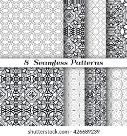 Black and white seamless geometric patterns set. Contemporary graphic design, line art. Endless texture for wallpaper, pattern fills, web pages. Monochrome doodle sketch seamless backgrounds