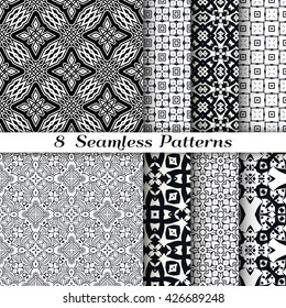 Black and white seamless geometric patterns set. Contemporary graphic design, line art. Endless texture for wallpaper, pattern fills, web pages. Monochrome doodle sketch seamless backgrounds