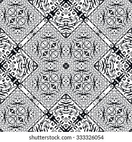 Black and white seamless geometric square pattern, tribal ethnic arabic indian ornament. Hand drawn abstract background with sketchy repeating texture. 