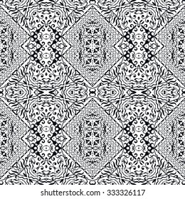 Black and white seamless geometric square pattern, tribal ethnic arabic indian ornament. Hand drawn abstract background with sketchy repeating texture. 