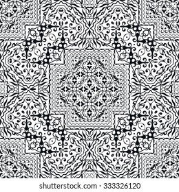 Black and white seamless geometric square pattern, tribal ethnic arabic indian ornament. Hand drawn abstract background with sketchy repeating texture. 