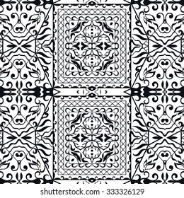 Black and white seamless geometric square pattern, tribal ethnic arabic indian ornament. Hand drawn abstract background with sketchy repeating texture. 