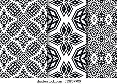 Black and white seamless geometric square patterns set with repeating texture for fabric or paper print. Vector collection