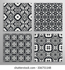Black and white seamless geometric square patterns set with repeating texture for fabric or paper print, invitations or cards design. Vector collection