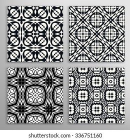 Black and white seamless geometric square patterns set with repeating texture for fabric or paper print, invitations or cards design. Vector collection