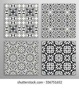 Black and white seamless geometric square patterns set with repeating texture for fabric or paper print, invitations or cards design. Vector collection