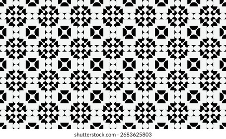 Black and white seamless geometric vector pattern with star and square motifs. Abstract monochrome background perfect for wallpapers, textiles, packaging, and modern graphic design projects