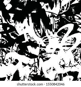 Black and white seamless grunge pattern. Abstract texture of randomly arranged elements. Template for printing on fabric or paper for packaging. Monochrome design background