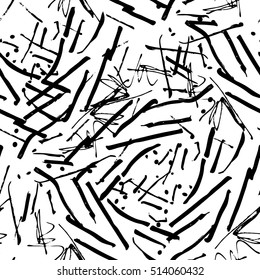 black and white seamless grunge pattern, black lines, stripes and dots on a white background