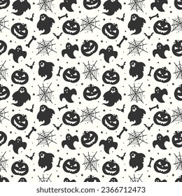 Black and white seamless halloween pattern background with ghosts skulls bats pumpkins and spiderwebs