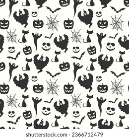 Black and white seamless halloween pattern background with ghosts cats bats pumpkins and spiderwebs