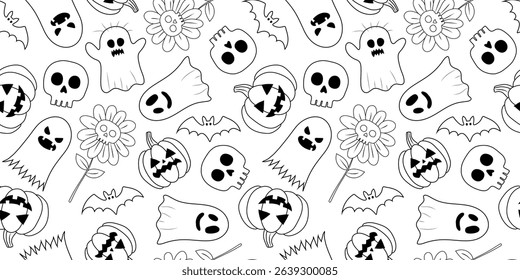 black and white seamless halloween pattern ghosts, pumpkins, skulls, bats spooky flowers, hand drawn outline style for coloring book print web design
