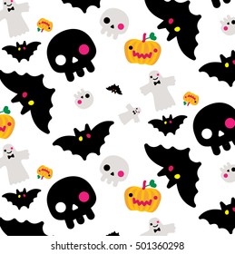 Black and white seamless halloween pattern with ghost, skull, pumpkins, bats. Vector illustration.