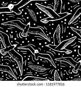 Black and white seamless hand drawn background with flying Sea Bird and Seagull Vector Illustration.