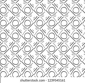Black and white seamless hand drawn texure with circles and strokes. vector pattern.