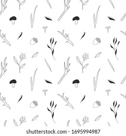 Black and white seamless hand drawn vector forest pattern with branches, mushrooms and flowers on white background. Creative kids texture for fabric, wrapping, textile, wallpaper, apparel.