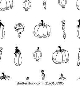 Black and white seamless hand-drawn pattern with vegetables. Vector print with pumpkin, carrot, onion, beet and eggplant. Doodle healthy food background.