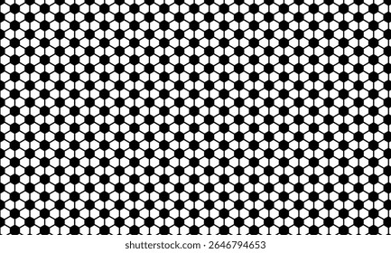Black and white seamless hexagon pattern inspired by classic soccer ball design, ideal for backgrounds, sports themes, textiles, or geometric art with a bold monochrome aesthetic.