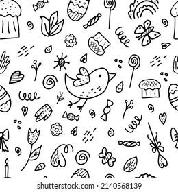 Black and white seamless illustration with Easter holiday. Design for textiles, wrapping paper or wallpaper. Easter time.