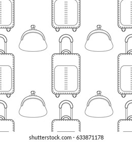 Black and white seamless illustration, pattern of fashion bags for coloring book, page.