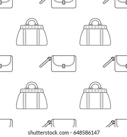 Black and white seamless illustration, pattern of fashion bags for coloring book, page.