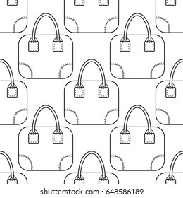Black and white seamless illustration, pattern of fashion bags for coloring book, page.