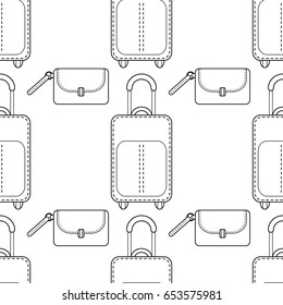 Black and white seamless illustration, pattern of fashion bags for coloring book, page.