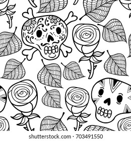 Black and white seamless illustration with roses and sugar skulls. Vector seamless pattern.