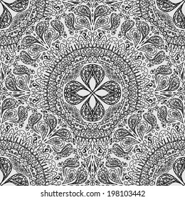 Black and white seamless lace background. Pattern of lacy napkins in a primitive style. Vector illustration.