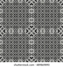 Black and white seamless lace pattern. Abstract geometric floral seamless background. Tribal ethnic ornate decoration, outline repeating texture. Vector doodle sketch pattern, graphic illustration