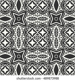 Black and white seamless lace pattern. Abstract geometric floral seamless background. Tribal ethnic ornate decoration, outline repeating texture. Vector doodle sketch pattern, graphic illustration