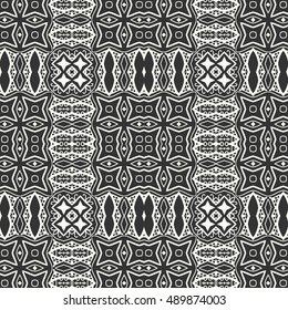 Black and white seamless lace pattern. Abstract geometric floral seamless background. Tribal ethnic ornate decoration, outline repeating texture. Vector doodle sketch pattern, graphic illustration