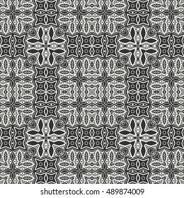 Black and white seamless lace pattern. Abstract geometric floral seamless background. Tribal ethnic ornate decoration, outline repeating texture. Vector doodle sketch pattern, graphic illustration