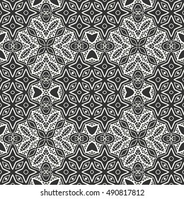 Black and white seamless lace pattern. Abstract geometric floral seamless background. Tribal ethnic ornate decoration, outline repeating texture. Vector doodle sketch pattern, graphic illustration