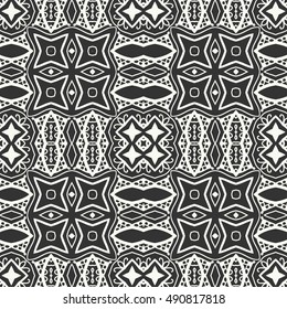 Black and white seamless lace pattern. Abstract geometric floral seamless background. Tribal ethnic ornate decoration, outline repeating texture. Vector doodle sketch pattern, graphic illustration