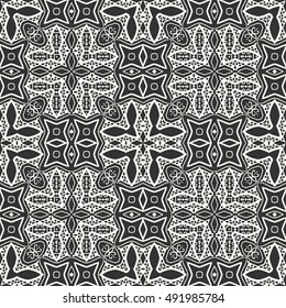 Black and white seamless lace pattern. Abstract geometric floral seamless background. Tribal ethnic ornate decoration, outline repeating texture. Vector doodle sketch pattern, graphic illustration