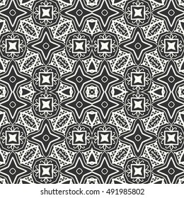 Black and white seamless lace pattern. Abstract geometric floral seamless background. Tribal ethnic ornate decoration, outline repeating texture. Vector doodle sketch pattern, graphic illustration
